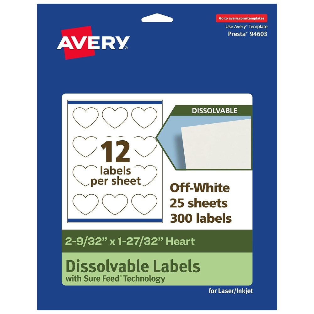 image:imageAvery Dissolvable Heart Labels Sure Feed Technology 2932 x 12732 Matte White PrinttoTheEdge LaserInkjet Printable 300 Labels Total300 labels
