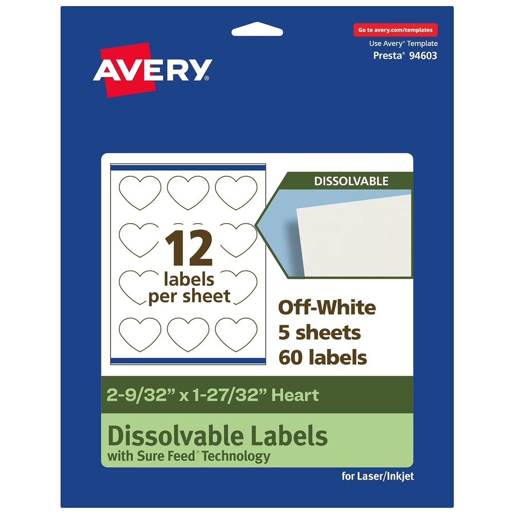 image:imageAvery Dissolvable Heart Labels Sure Feed Technology 2932 x 12732 Matte White PrinttoTheEdge LaserInkjet Printable 300 Labels Total60 labels