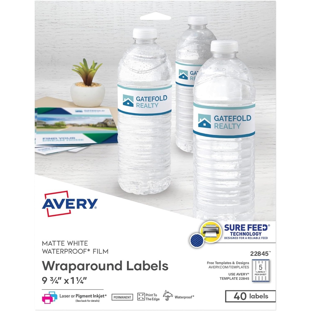 image:imageAvery Durable Waterproof Wraparound Rectangle Labels with Sure Feed Technology 114 x 934 Matte White 40 Customizable Labels for Laser and PigmentInkjet Printers 22845One Size