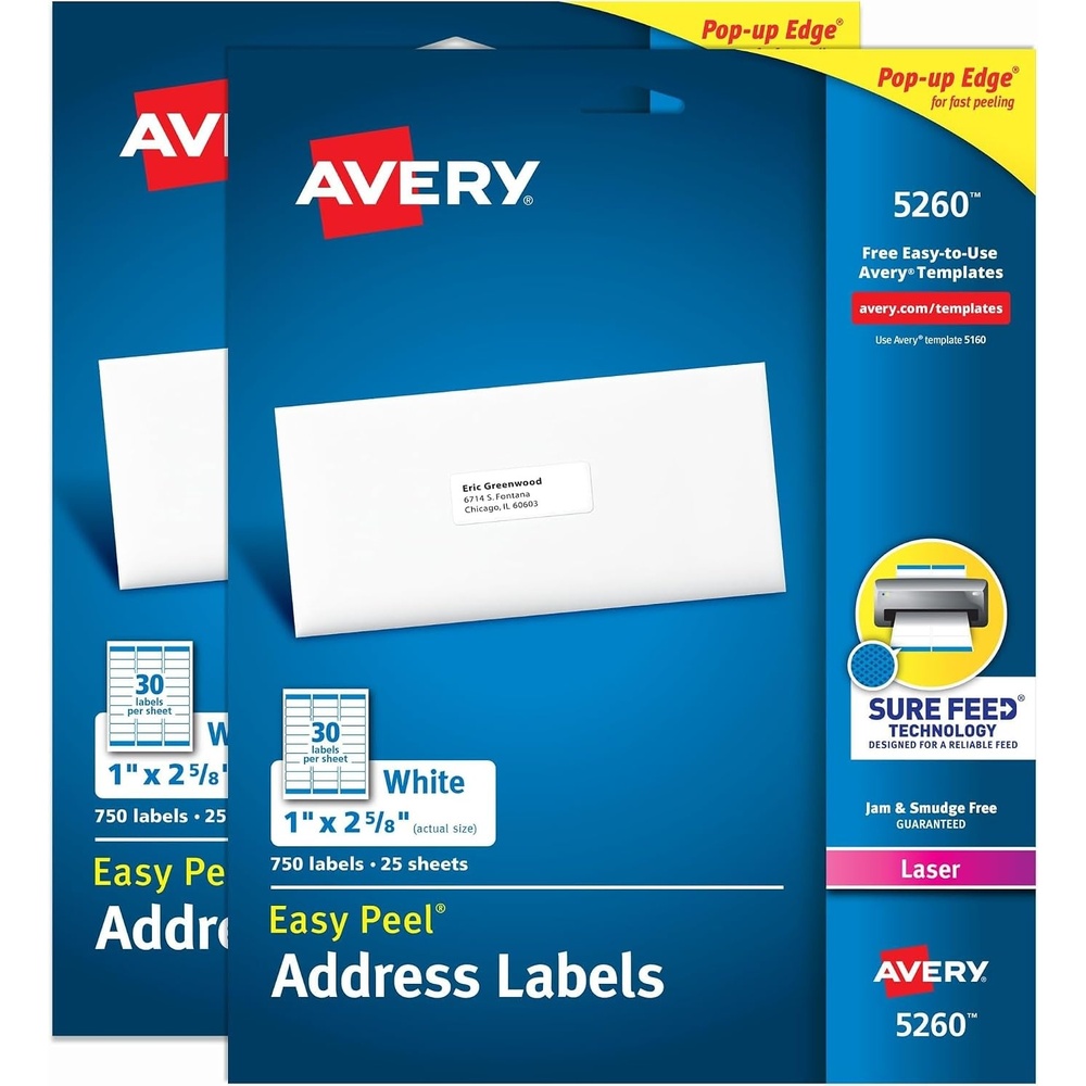 image:imageAvery Easy Peel Printable Address Labels with Sure Feed 1 x 258 Customizable Stickers White 1500 Blank Mailing Labels Great for Mailing Shipping and More 2Pack of 52601 500 Labels Pack of 5