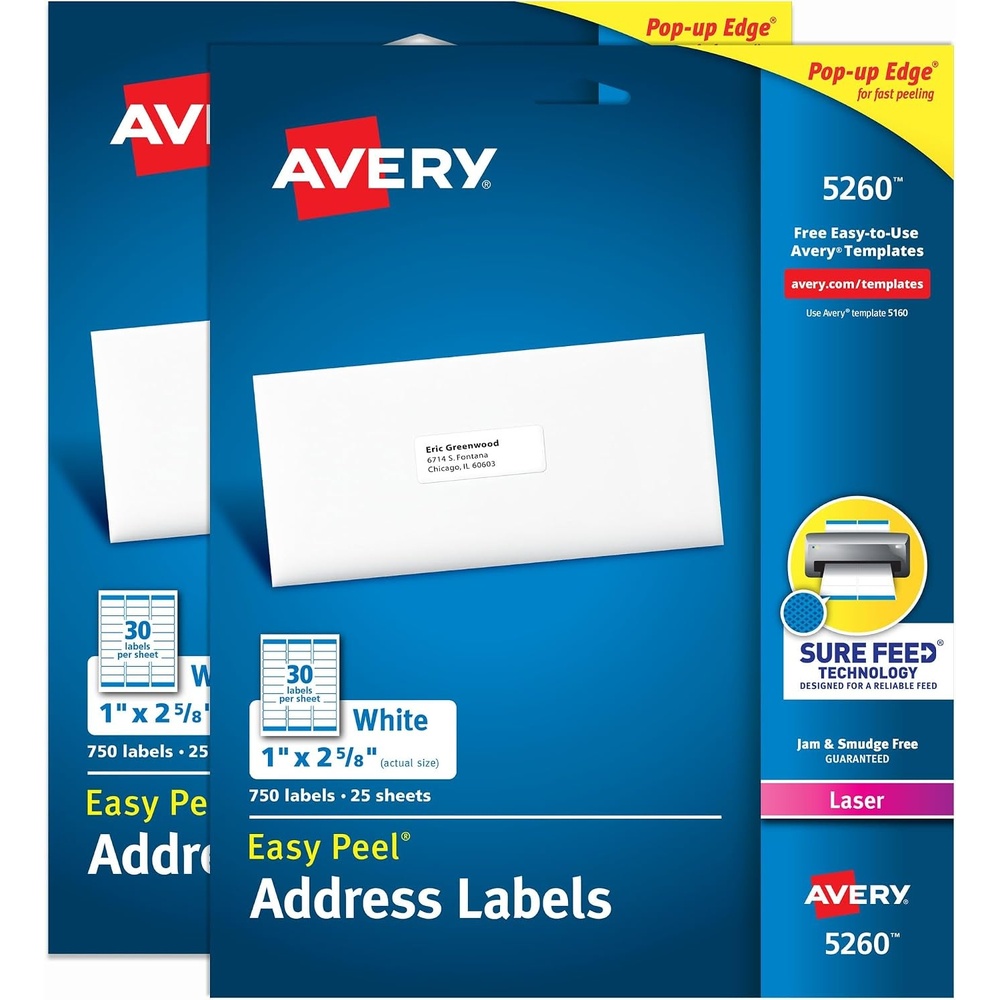 image:imageAvery Easy Peel Printable Address Labels with Sure Feed 1 x 258 Customizable Stickers White 1500 Blank Mailing Labels Great for Mailing Shipping and More 2Pack of 52600
