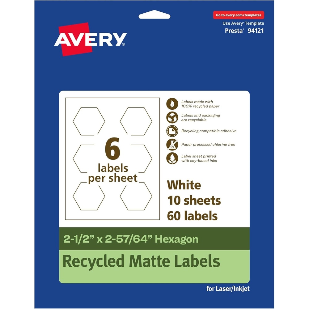 image:imageAvery EcoFriendly Matte White Recycled Hexagon Labels 212 x 25764 PrinttoTheEdge Matte White Labels Permanent Adhesive LaserInkjet Printable 60 Total60 labels