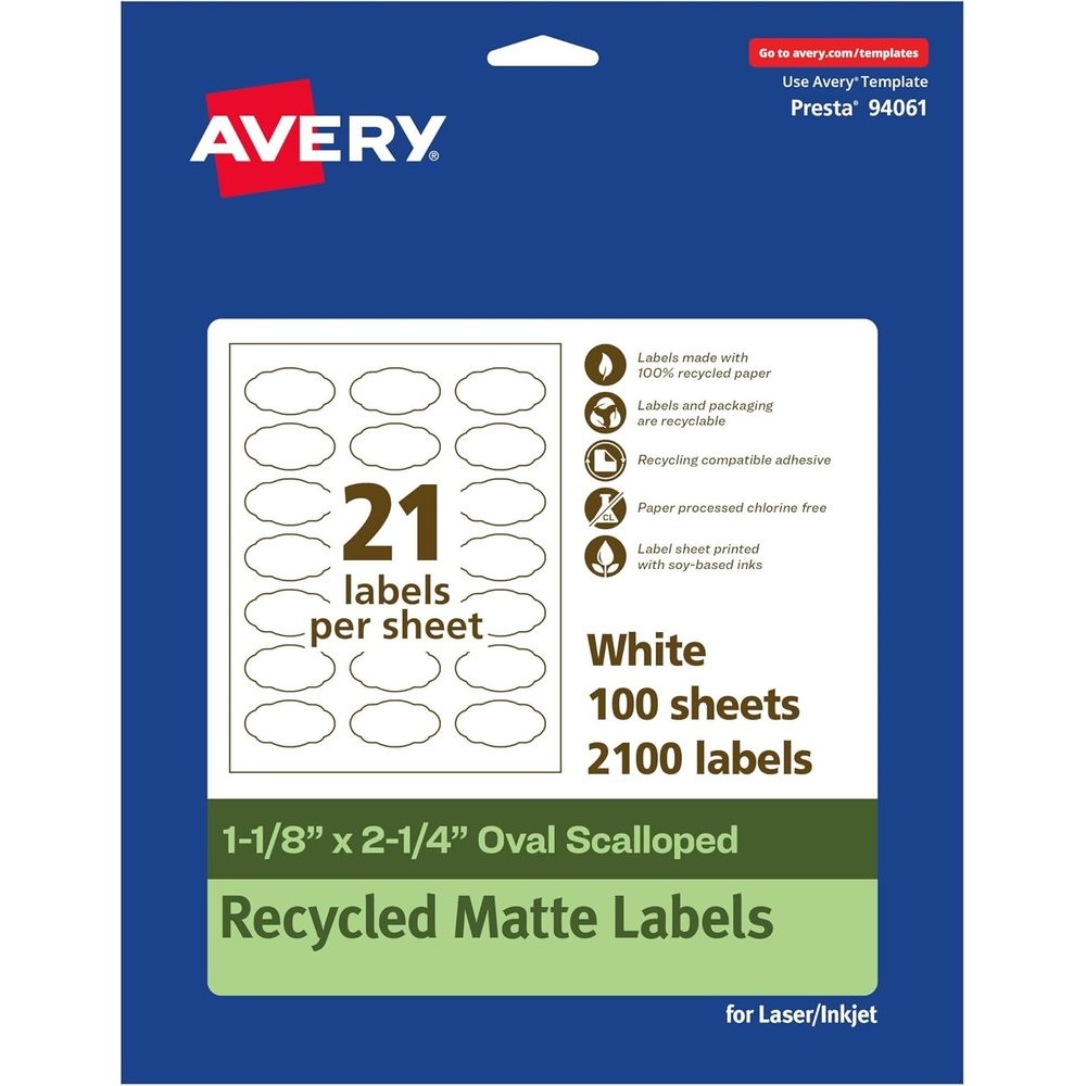 image:imageAvery EcoFriendly Matte White Recycled Oval Scalloped Labels 118 x 214 PrinttoTheEdge Matte White Labels Permanent Adhesive LaserInkjet Printable 210 Total2 100 labels