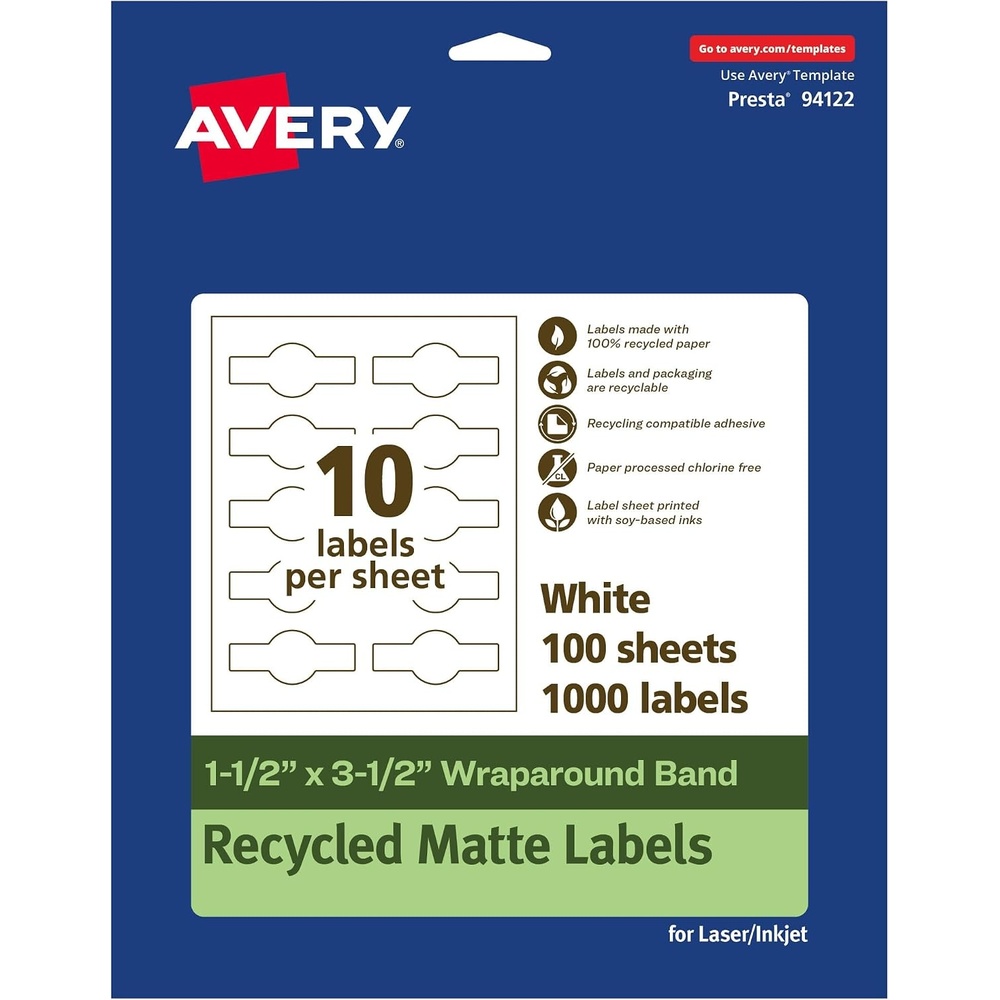 image:imageAvery EcoFriendly Recycled Wraparound Band Labels 15 x 35 Cigar Band Labels Matte White Permanent Adhesive PrinttoTheEdge LaserInkjet Printable 100 Total1 000 labels