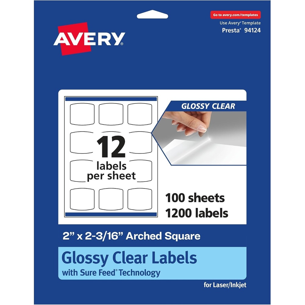 image:imageAvery Glossy Clear Arched Square Labels Sure Feed Technology 2 x 2316 120 Glossy Clear Labels PrinttoTheEdge LaserInkjet Printable1 200 labels