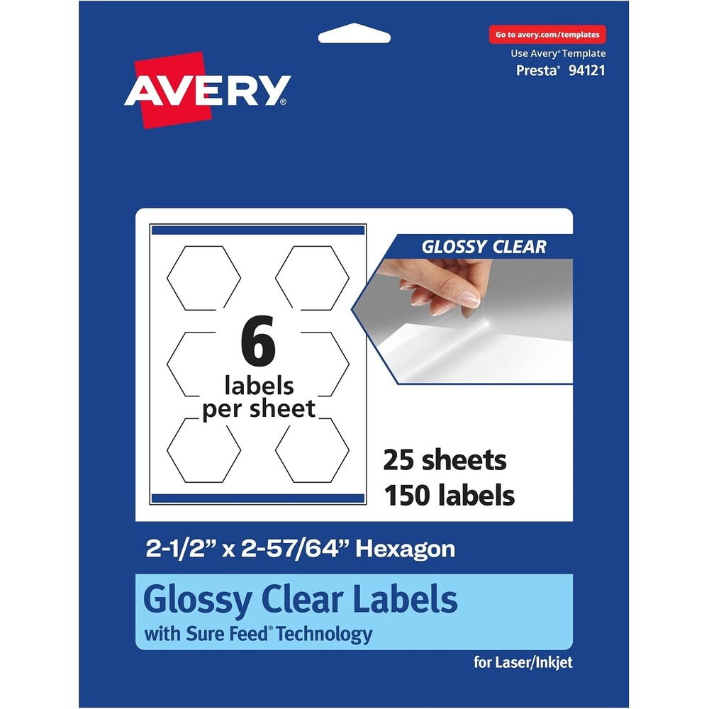 image:imageAvery Glossy Clear Hexagon Labels Sure Feed Technology 212 x 25764 60 Glossy Clear Labels PrinttoTheEdge LaserInkjet Printable150 labels