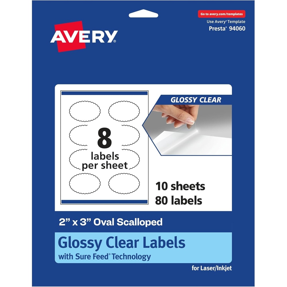 image:imageAvery Glossy Clear Oval Scalloped Labels Sure Feed Technology 2 x 3 80 Glossy Clear Labels PrinttoTheEdge LaserInkjet Printable80 labels