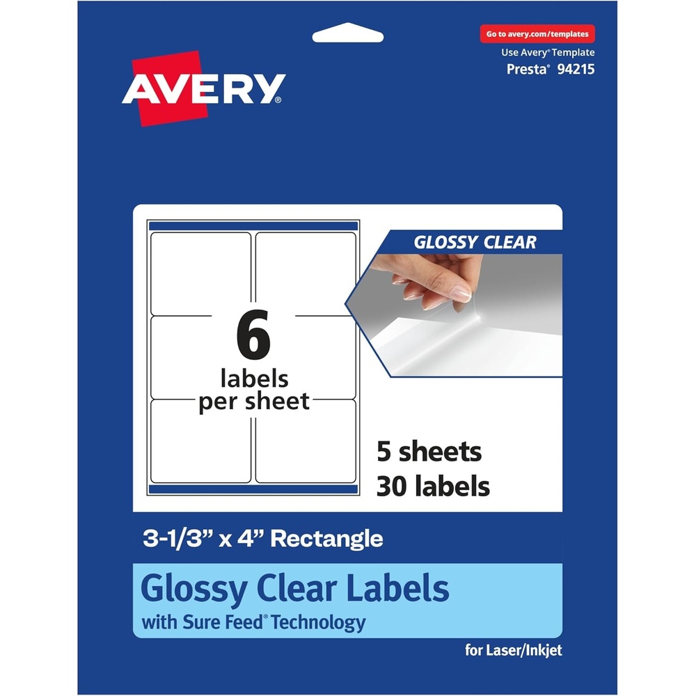 image:imageAvery Glossy Clear Rectangle Labels Sure Feed Technology 313 x 4 30 Glossy Clear Labels LaserInkjet Printable30 labels