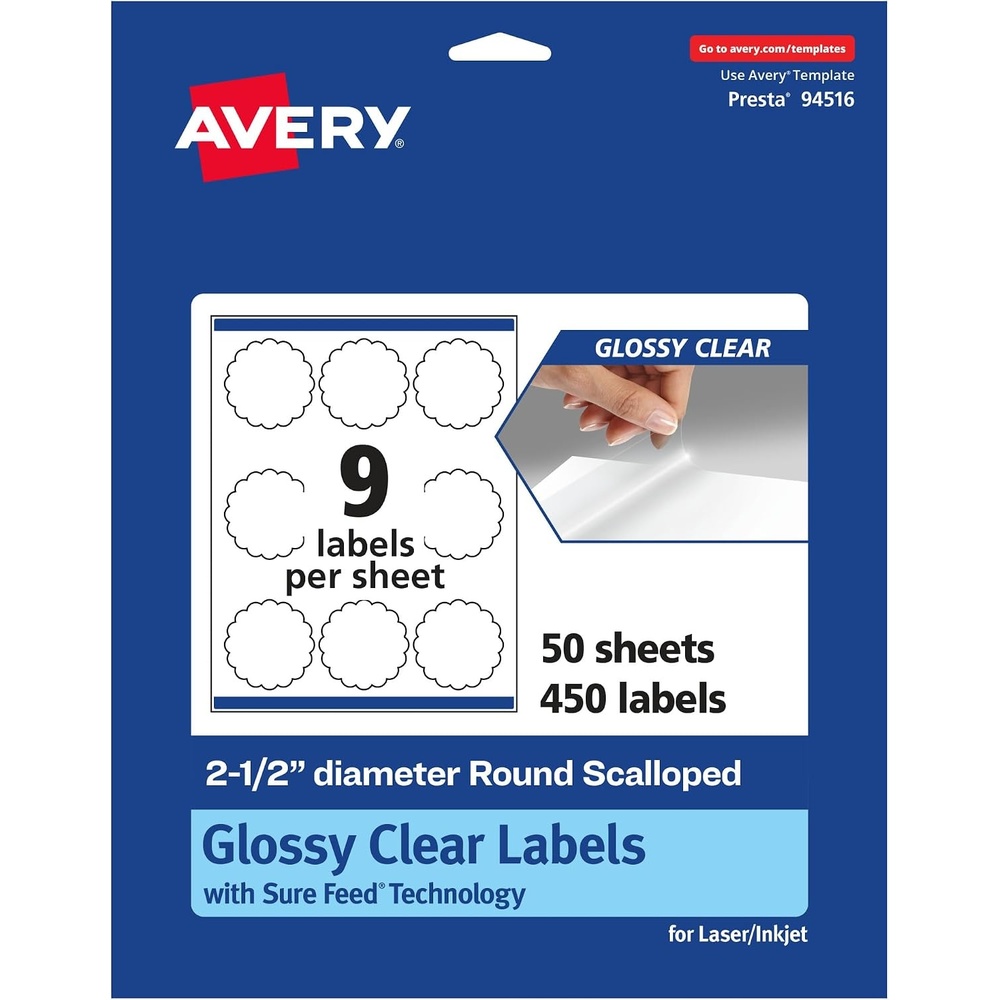 image:imageAvery Glossy Clear Round Scalloped Labels Sure Feed Technology 25 Diameter 225 Glossy Clear Labels PrinttoTheEdge LaserInkjet Printable450 labels