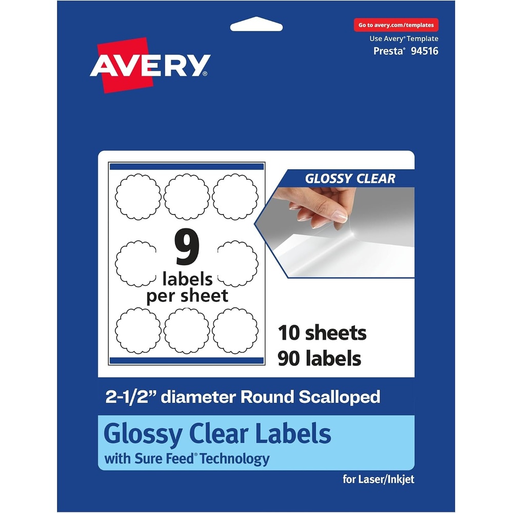image:imageAvery Glossy Clear Round Scalloped Labels Sure Feed Technology 25 Diameter 225 Glossy Clear Labels PrinttoTheEdge LaserInkjet Printable90 labels