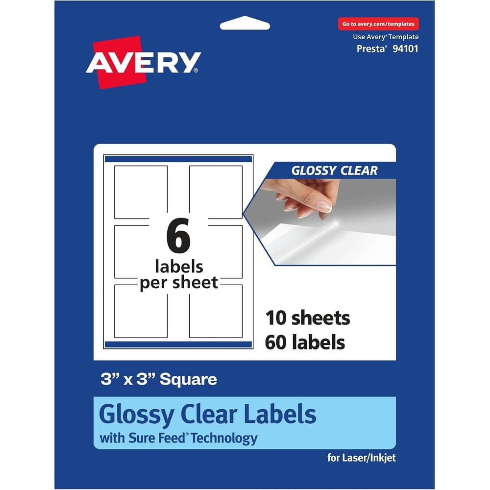image:imageAvery Glossy Clear Square Labels Sure Feed Technology 3 x 3 30 Glossy Clear Labels PrintToTheEdge LaserInkjet Printable60 labels