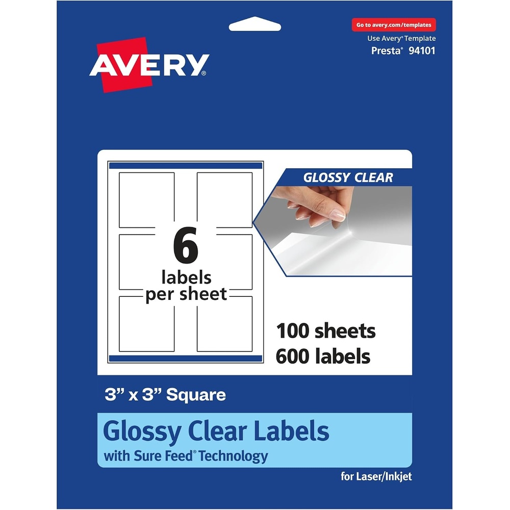 image:imageAvery Glossy Clear Square Labels Sure Feed Technology 3 x 3 30 Glossy Clear Labels PrintToTheEdge LaserInkjet Printable600 labels