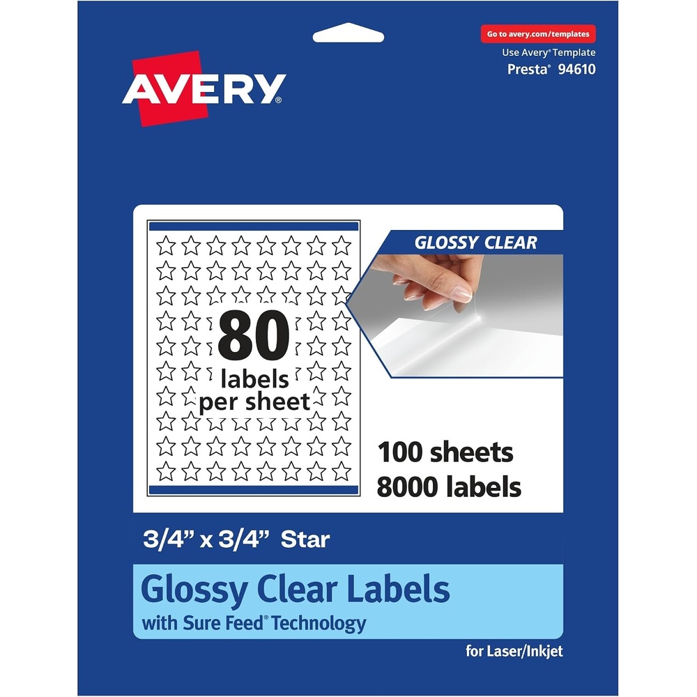 image:imageAvery Glossy Clear Star Labels Sure Feed Technology 075 x 075 2000 Glossy Clear Labels PrinttoTheEdge LaserInkjet Printable8 000 labels