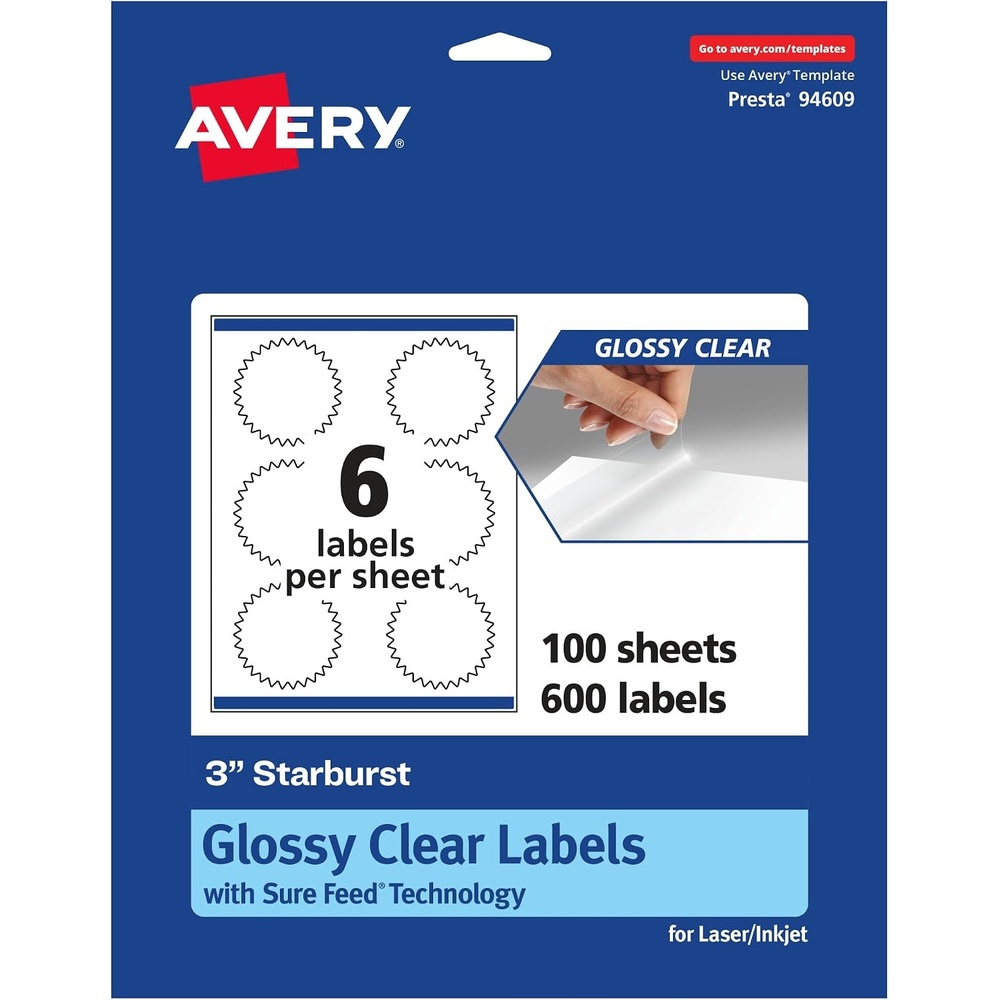 image:imageAvery Glossy Clear Starburst Labels Sure Feed Technology 3 150 Glossy Clear Labels PrinttoTheEdge LaserInkjet Printable600 labels