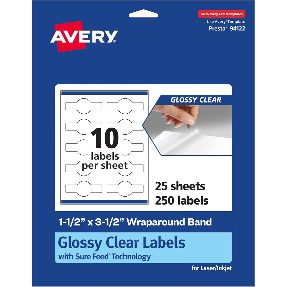 image:imageAvery Glossy Clear Wraparound Band Labels Sure Feed Technology 15 x 35 Cigar Band Labels 100 Total PrinttoTheEdge LaserInkjet Printable250 labels