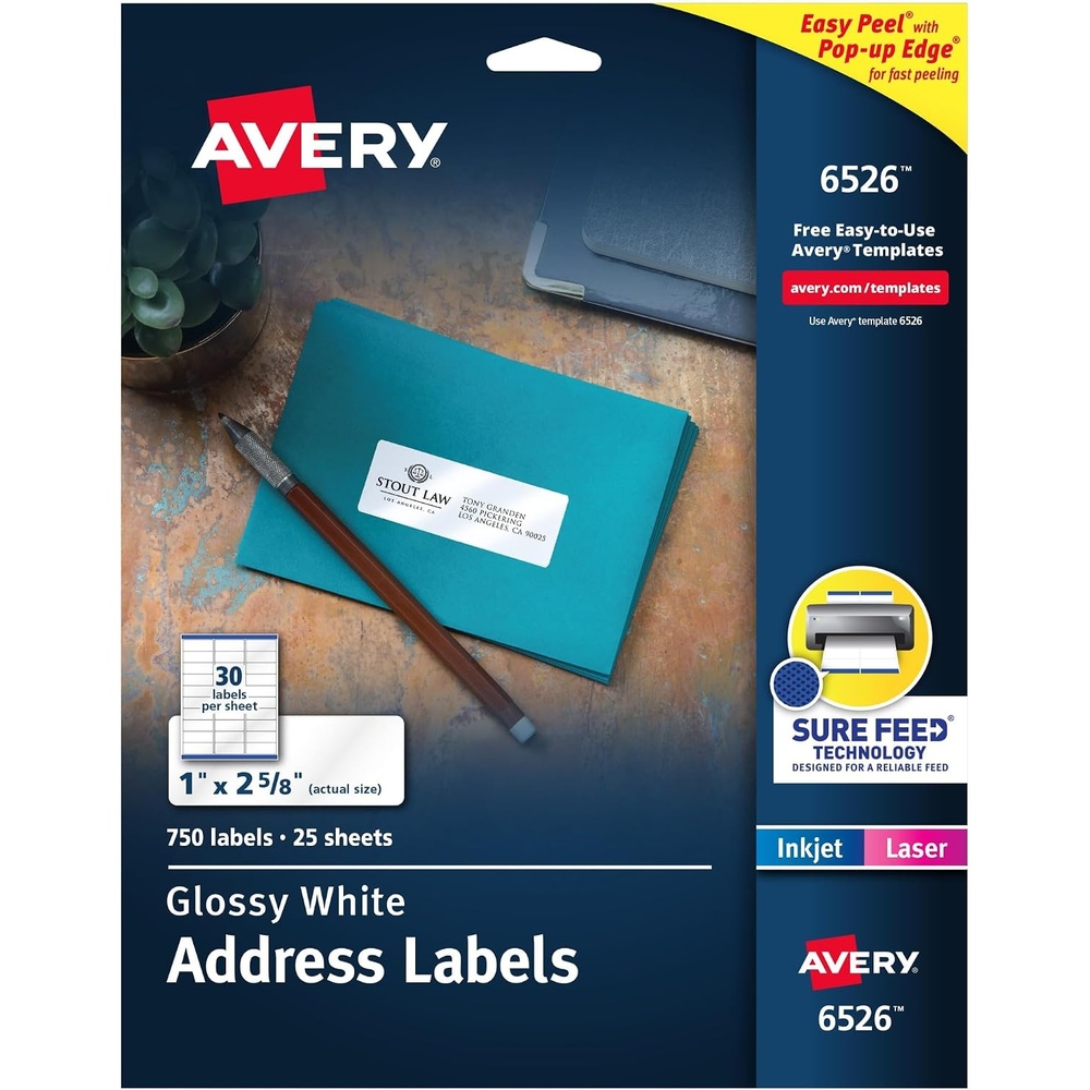 image:imageAvery Glossy White Labels Sure Feed Technology 2 x 3 Rectangle Labels PrinttoTheEdge LaserInkjet 80 Total 22890750 labels