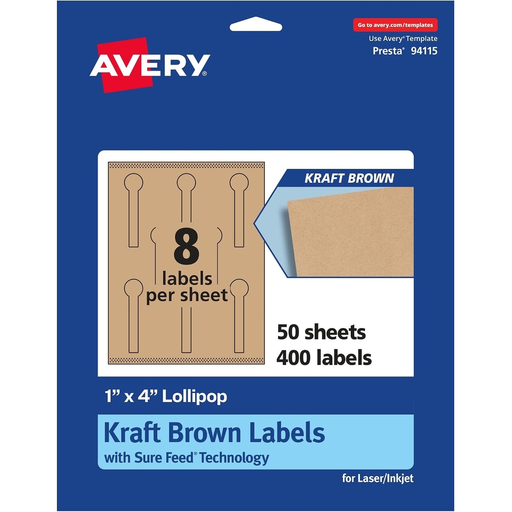 image:imageAvery Kraft Brown Lollipop Labels Sure Feed Technology 1 x 4 120 Kraft Brown Labels PrinttoTheEdge LaserInkjet Printable400 labels