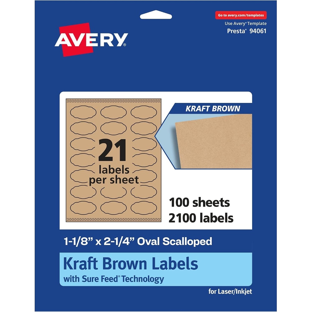 image:imageAvery Kraft Brown Oval Scalloped Labels Sure Feed Technology 118 x 214 315 Kraft Brown Labels PrinttoTheEdge LaserInkjet Printable2 100 labels