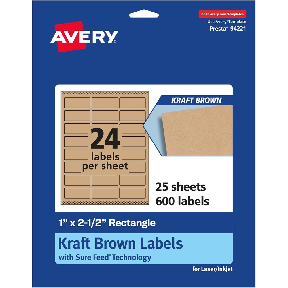 image:imageAvery Kraft Brown Rectangle Labels Sure Feed Technology 1 x 25 360 Kraft Brown Labels LaserInkjet Printable600 labels