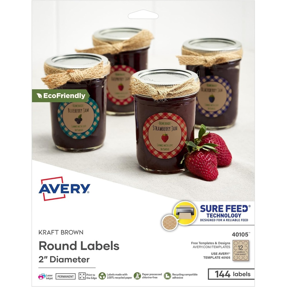 image:imageAvery Kraft Brown Round Labels Sure Feed Technology 2 Diameter 180 Kraft Brown Labels PrinttoTheEdge LaserInkjet Printable144 labels