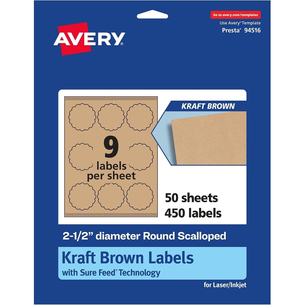 image:imageAvery Kraft Brown Round Scalloped Labels Sure Feed Technology 25 Diameter 135 Kraft Brown Labels PrinttoTheEdge LaserInkjet Printable450 labels