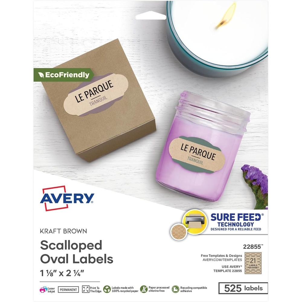 image:imageAvery Kraft Brown Scalloped Oval Labels with Sure Feed Technology 118 x 214 Print to The Edge LaserInkjet Printable Labels 525 Total 22855One Size Pack of 5