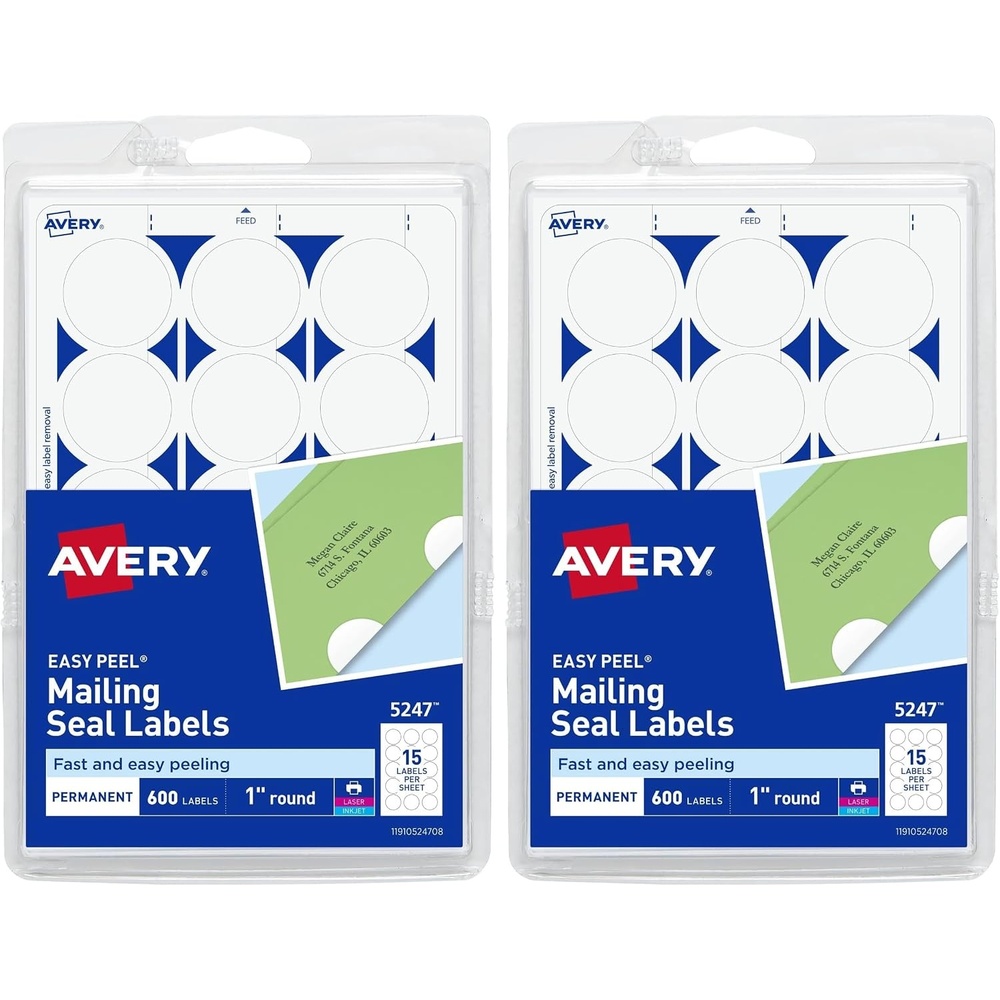 image:imageAvery Mailing Seals 1 Round Labels White 600 Printable Mailing Labels 05247600 Count Pack of 2