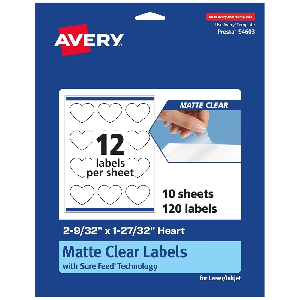 image:imageAvery Matte Clear Heart Labels Sure Feed Technology 2932 x 12732 120 Matte Clear Labels PrinttoTheEdge LaserInkjet Printable120 labels