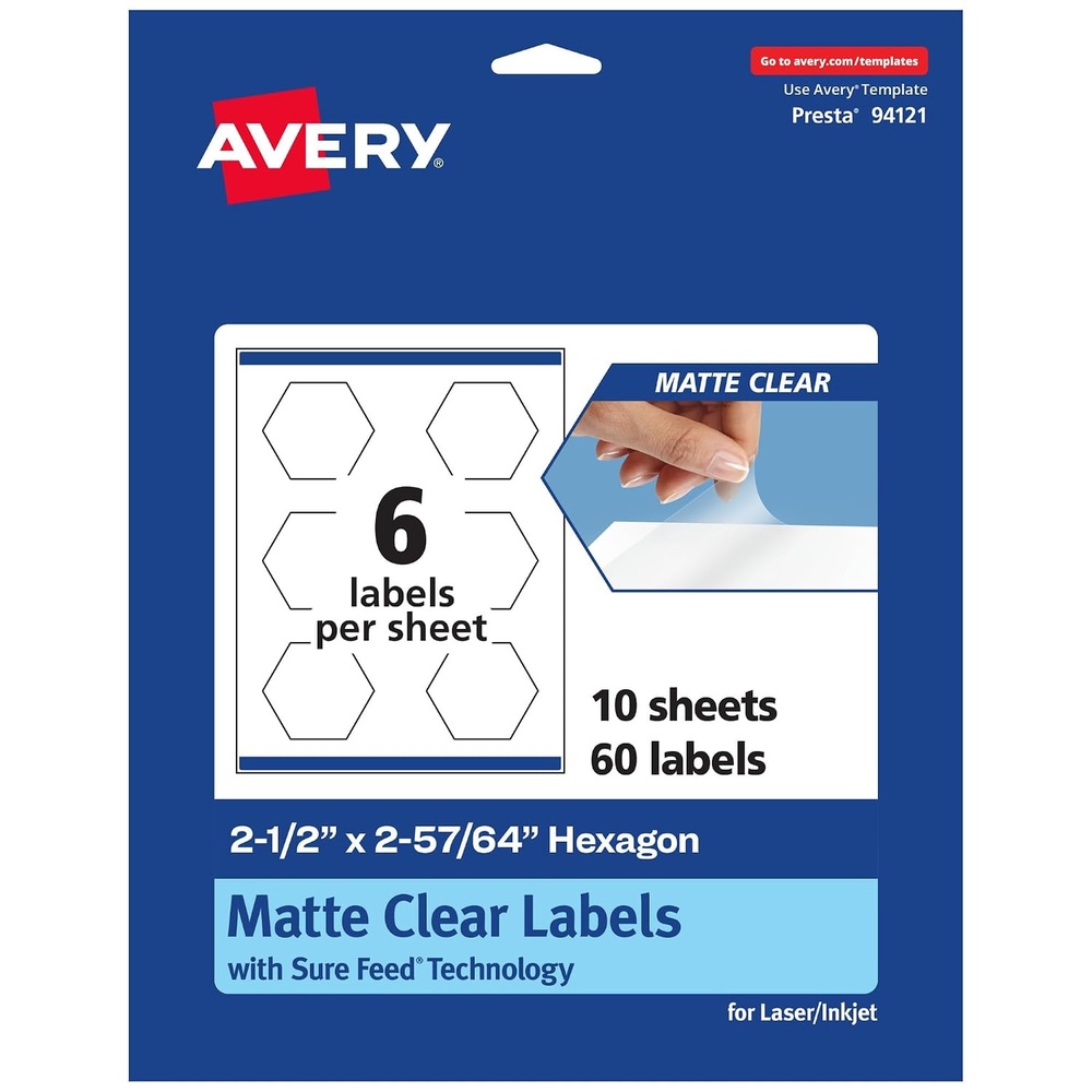 image:imageAvery Matte Clear Hexagon Labels Sure Feed Technology 212 x 25764 150 Matte Clear Labels PrinttoTheEdge LaserInkjet Printable60 labels