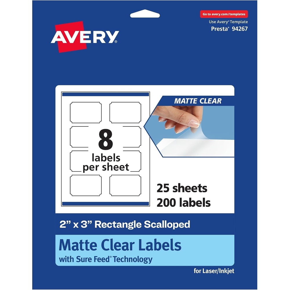 image:imageAvery Matte Clear Rectangle Scalloped Labels Sure Feed Technology 2 x 3 200 Matte Clear Labels PrinttoTheEdge LaserInkjet Printable200 labels