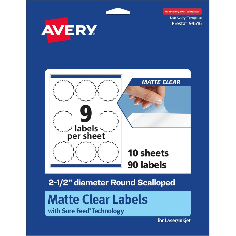 image:imageAvery Matte Clear Round Scalloped Labels Sure Feed Technology 25 Diameter 90 Matte Clear Labels PrinttoTheEdge LaserInkjet Printable90 labels