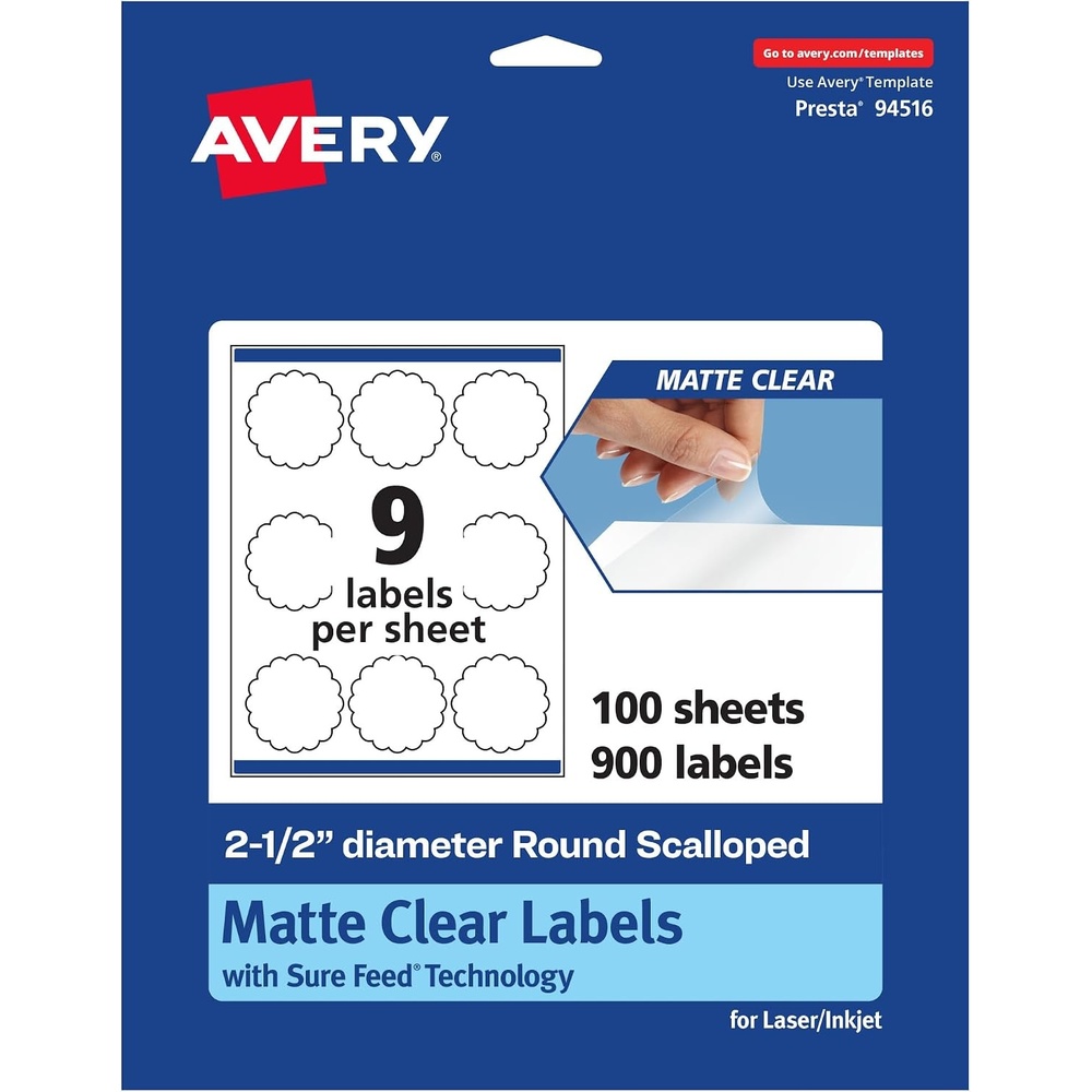 image:imageAvery Matte Clear Round Scalloped Labels Sure Feed Technology 25 Diameter 90 Matte Clear Labels PrinttoTheEdge LaserInkjet Printable900 labels