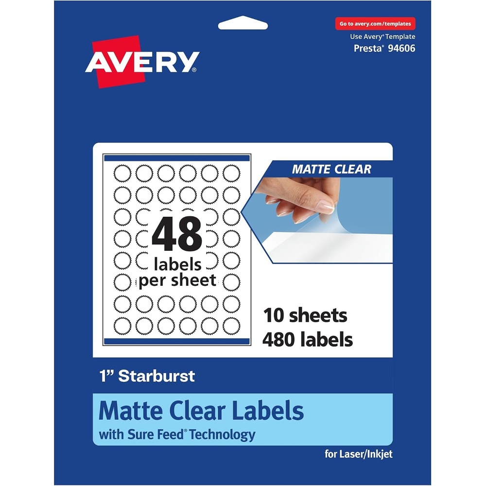 image:imageAvery Matte Clear Starburst Labels Sure Feed Technology 1 1200 Matte Clear Labels PrinttoTheEdge LaserInkjet Printable480 labels