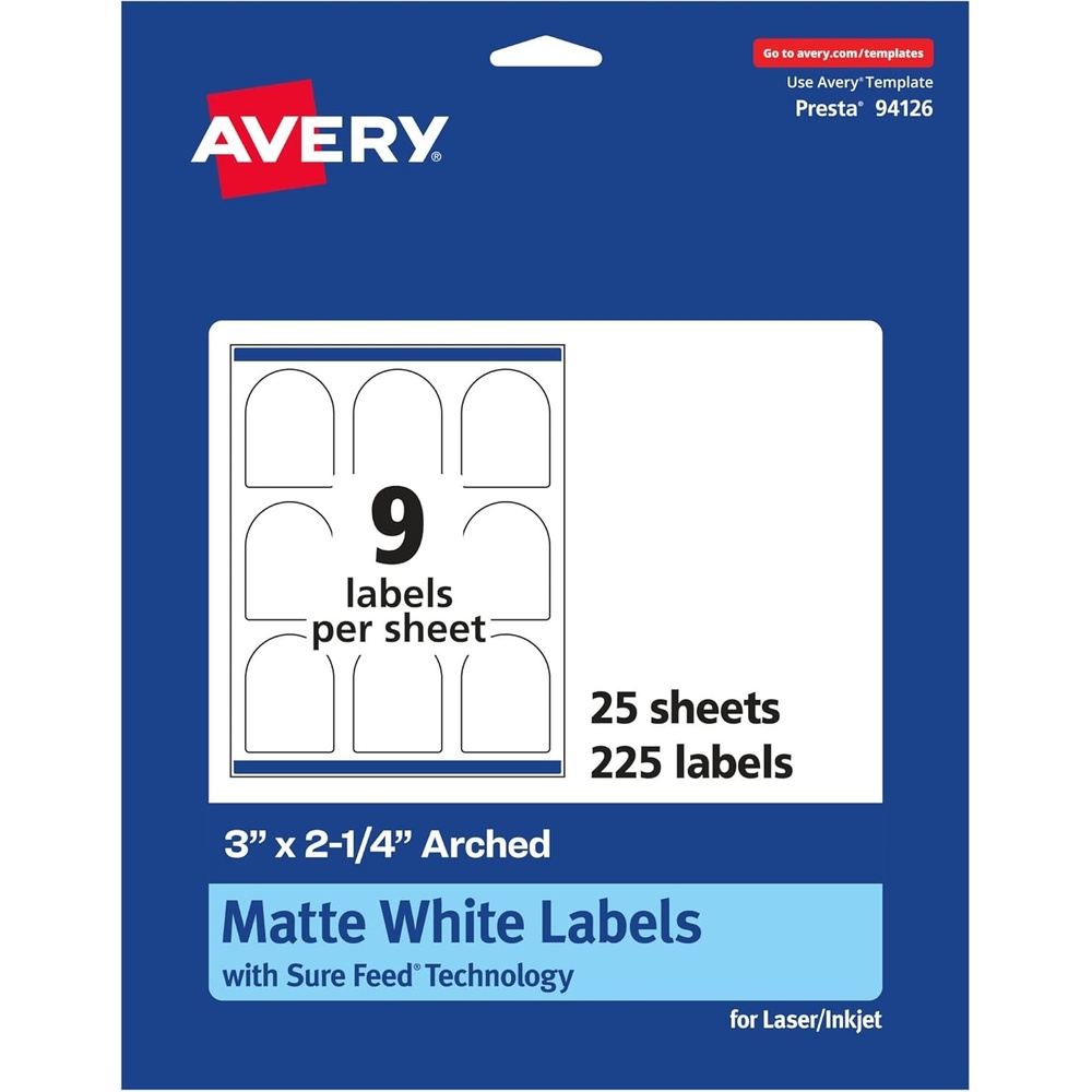 image:imageAvery Matte White Arched Labels Sure Feed Technology 3 x 225 225 Labels PrinttoTheEdge LaserInkjet Printable225 labels