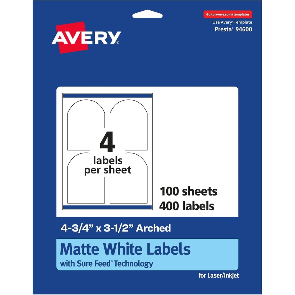 image:imageAvery Matte White Arched Labels Sure Feed Technology 475 x 35 100 Matte White Printable Labels400 Labels