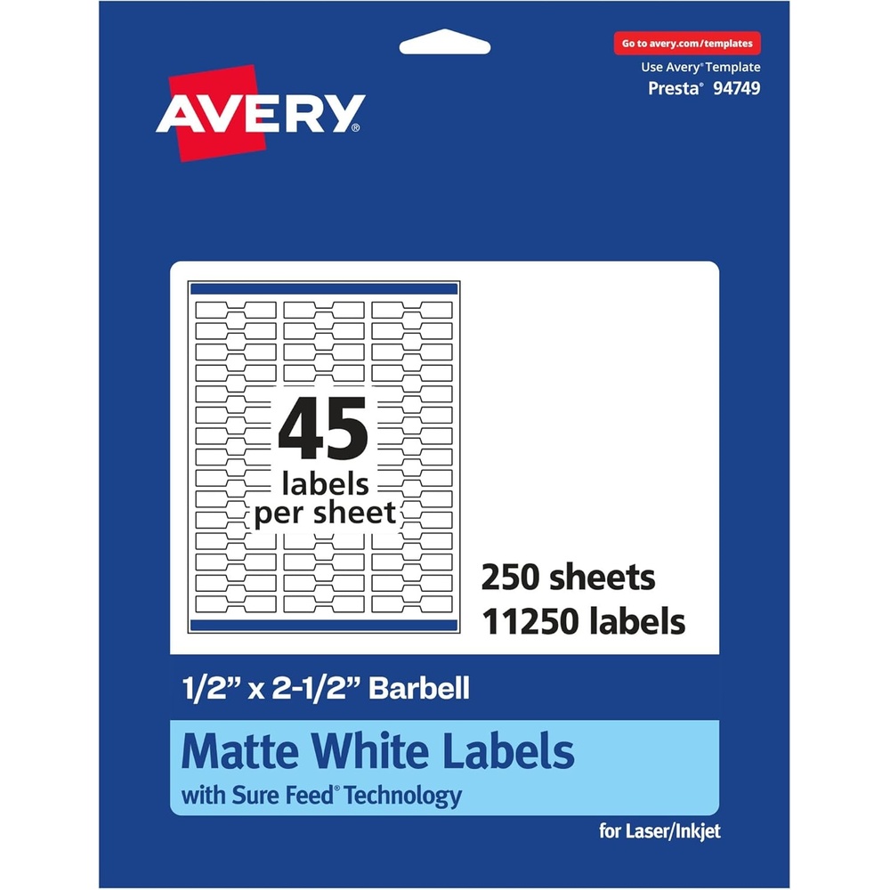 image:imageAvery Matte White Barbell Labels Sure Feed Technology 05 x 25 1125 White Labels Permanent Adhesive LaserInkjet Printable11 250 labels