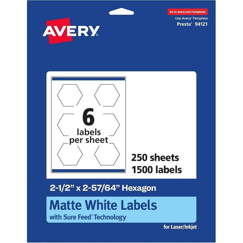 image:imageAvery Matte White Hexagon Labels Sure Feed Technology 25 x 25764 150 White Labels PrinttoTheEdge Permanent Adhesive LaserInkjet Printable1 500 labels