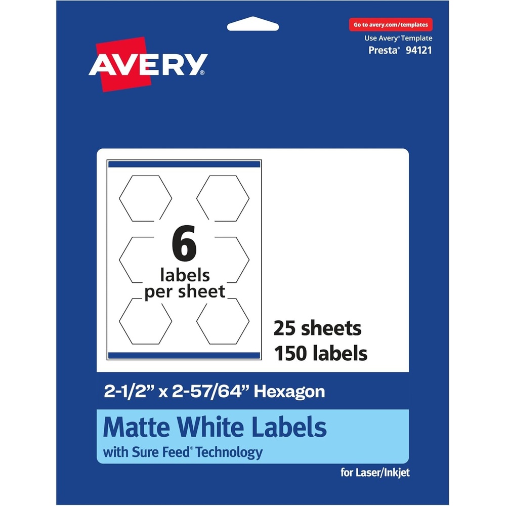 image:imageAvery Matte White Hexagon Labels Sure Feed Technology 25 x 25764 150 White Labels PrinttoTheEdge Permanent Adhesive LaserInkjet Printable150 labels