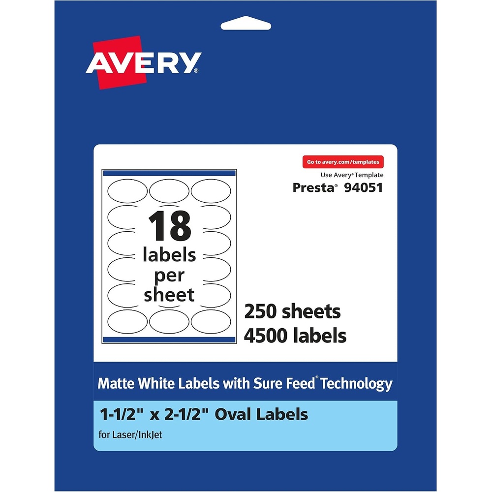image:imageAvery Matte White Oval Labels Sure Feed Technology 15 x 25 450 Matte White Printable Labels4 500 Labels