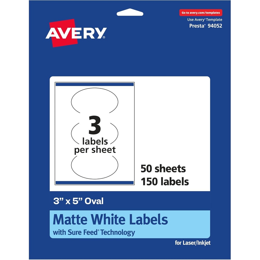 image:imageAvery Matte White Oval Labels Sure Feed Technology 3 x 5 75 Matte White Printable Labels150 Labels