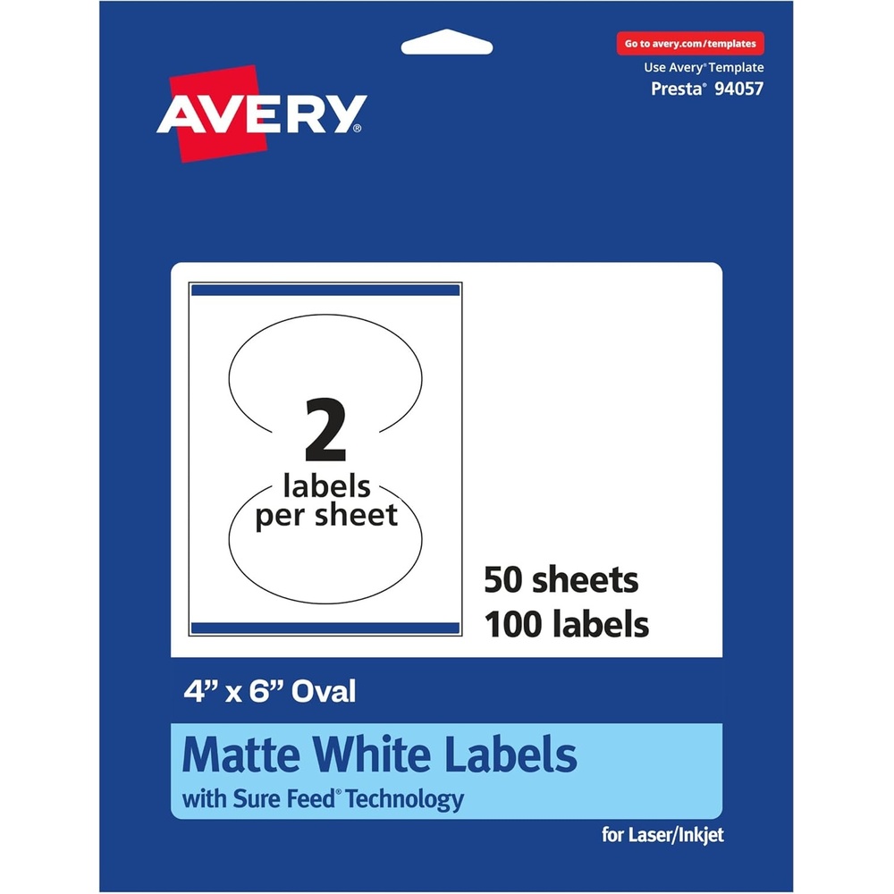 image:imageAvery Matte White Oval Labels Sure Feed Technology 4 x 6 50 Matte White Printable Labels100 Labels