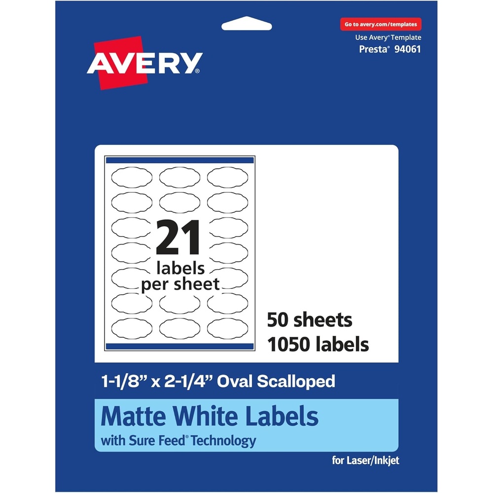 image:imageAvery Matte White Oval Scalloped Labels Sure Feed Technology 118 x 214 525 Matte White Printable Labels1 050 Labels