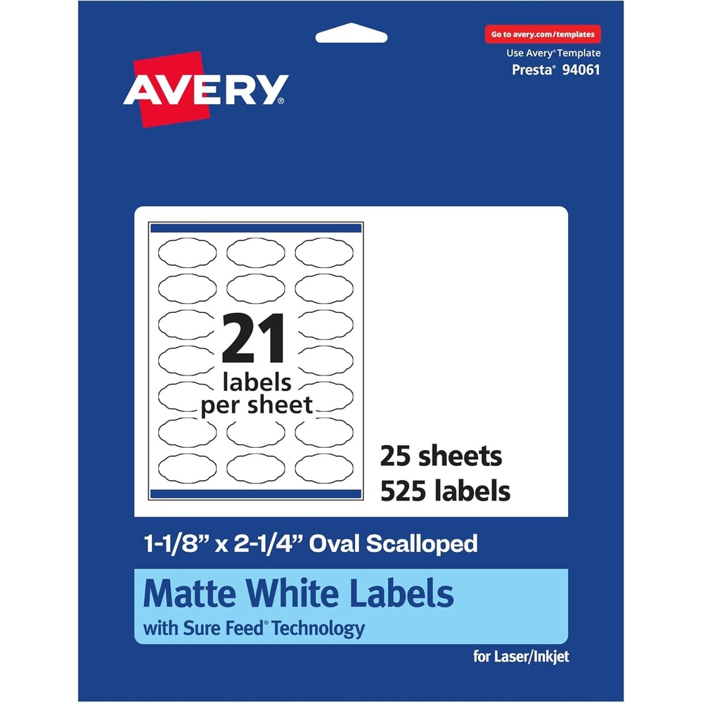image:imageAvery Matte White Oval Scalloped Labels Sure Feed Technology 118 x 214 525 Matte White Printable Labels525 Labels