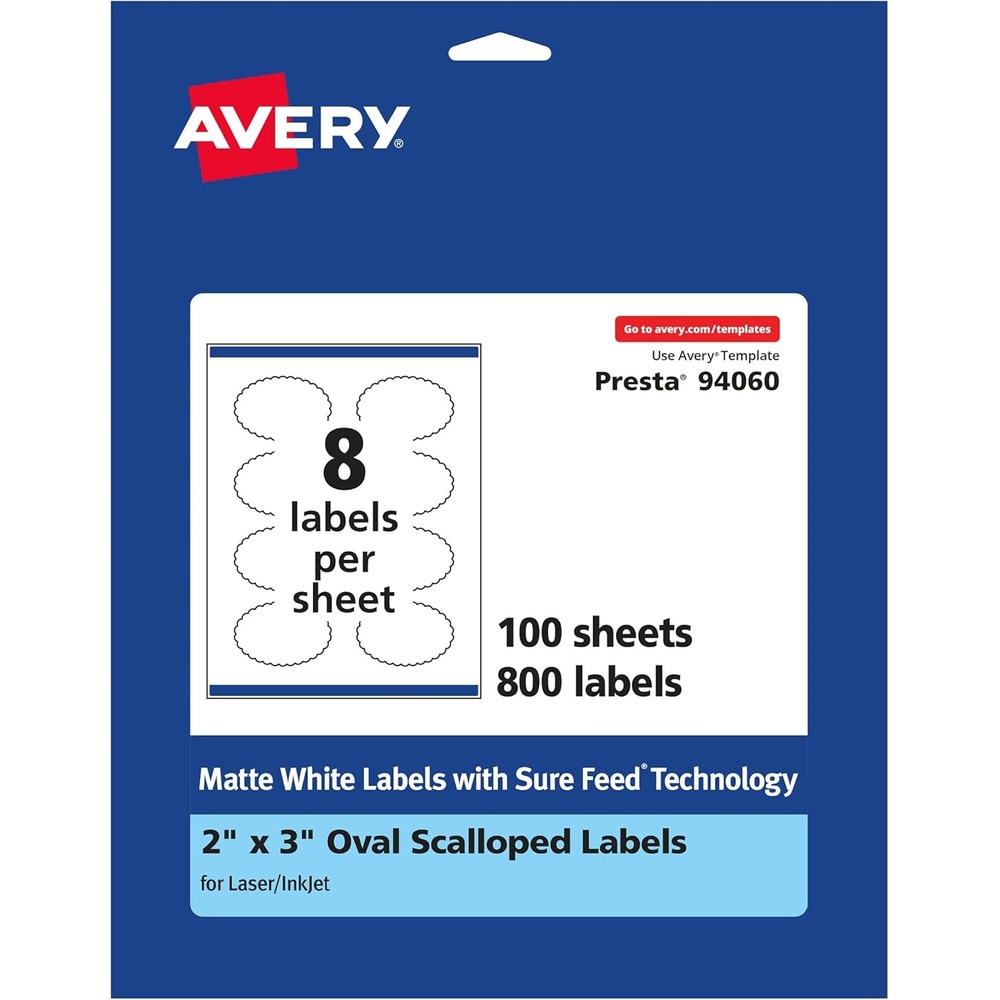 image:imageAvery Matte White Oval Scalloped Labels Sure Feed Technology 2 x 3 200 Matte White Printable Labels800 Labels