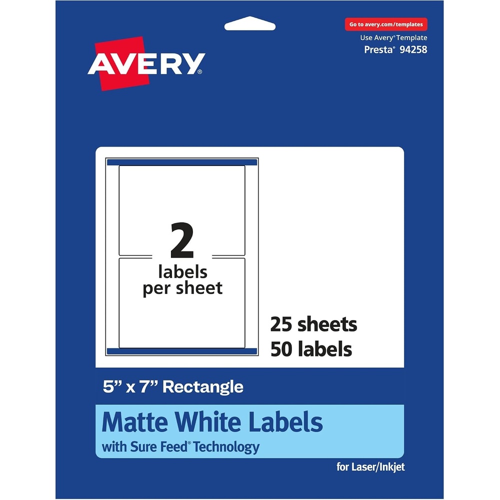 image:imageAvery Matte White Rectangle Labels Sure Feed Technology 5 x 7 50 Matte White Printable Labels50 Labels