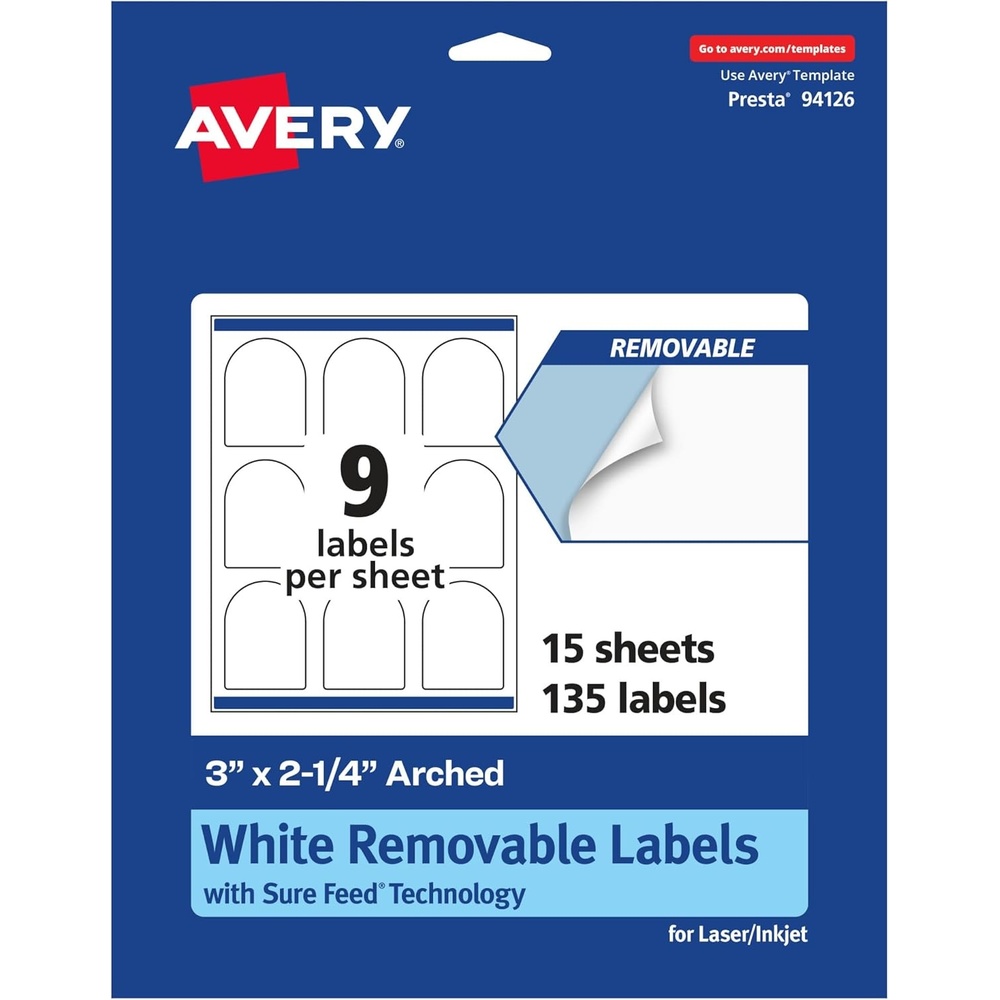 image:imageAvery Matte White Removable Arched Labels Sure Feed Technology PrinttoTheEdge 3 x 225 135 Removable Labels LaserInkjet Printable