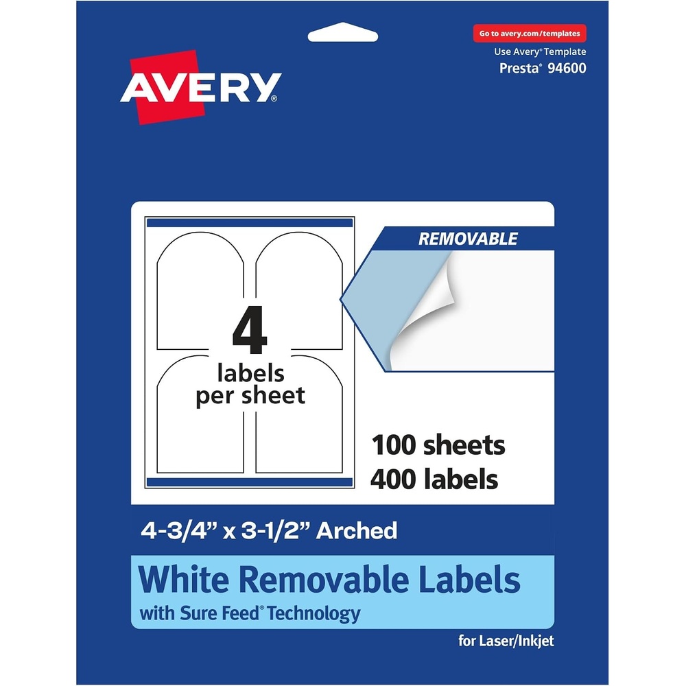 image:imageAvery Matte White Removable Arched Labels Sure Feed Technology PrinttoTheEdge 475 x 35 400 Removable Labels LaserInkjet Printable400 labels