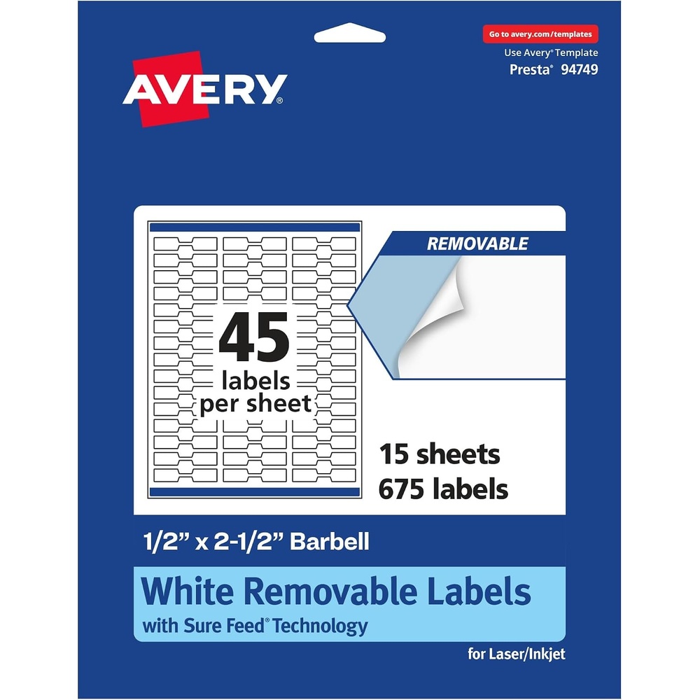 image:imageAvery Matte White Removable Barbell Labels Sure Feed Technology 05 x 25 675 Removable Labels LaserInkjet Printable675 labels