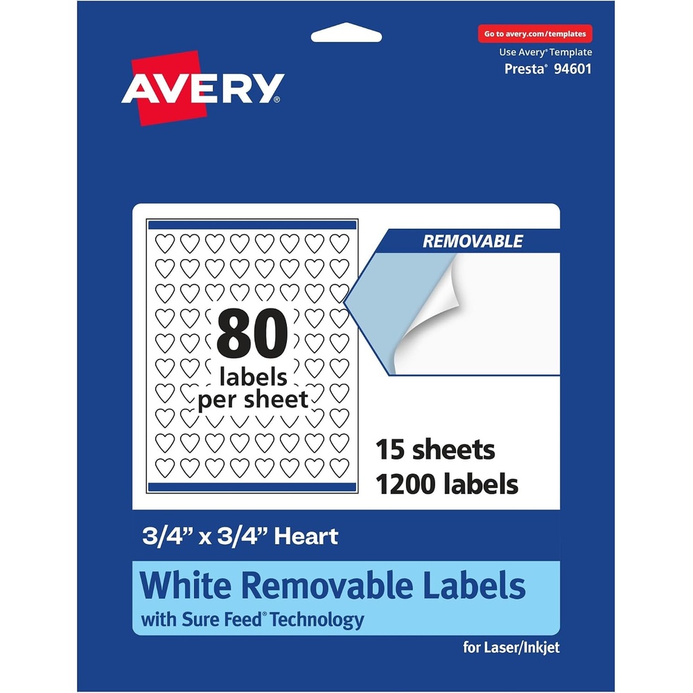 image:imageAvery Matte White Removable Heart Labels Sure Feed Technology PrinttoTheEdge 075 x 075 1200 Removable Labels LaserInkjet Printable1 200 labels