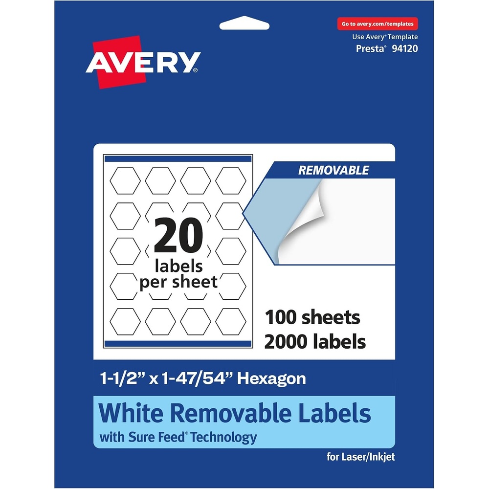 image:imageAvery Matte White Removable Hexagon Labels Sure Feed Technology PrinttoTheEdge 112 x 14754 300 Removable Labels LaserInkjet Printable2 000 labels